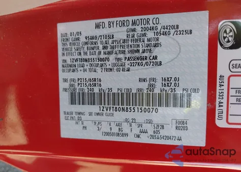 2005 Ford Mustang V6 Deluxe/V6 Premium из США, поврежденный, VIN 1ZVFT80N855150070